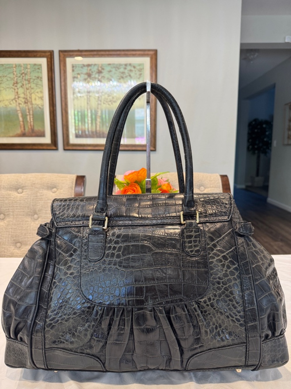 Authentic Gucci Dialux Queen Black Croc-Embossed Leather Satchel - Picture 4 of 13